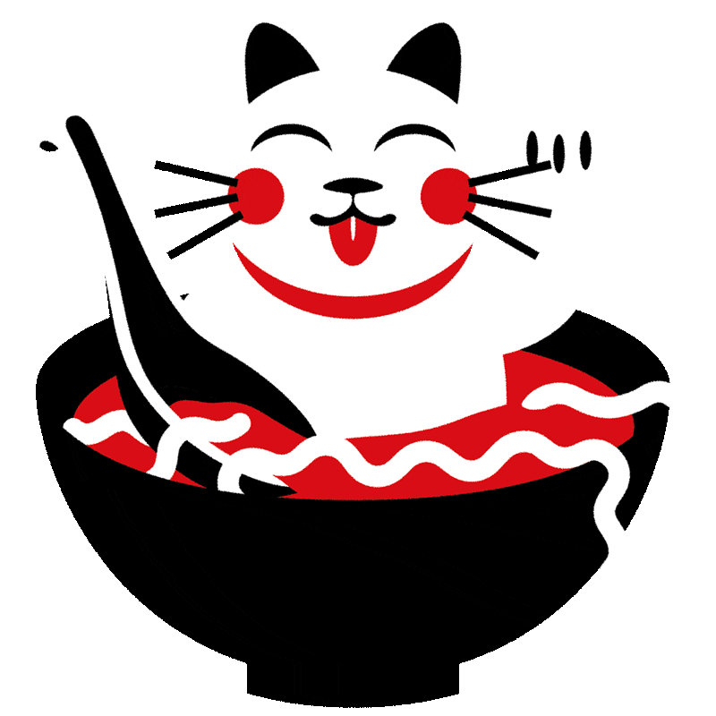 Animated lucky cat sitting in a bowl of ramen
